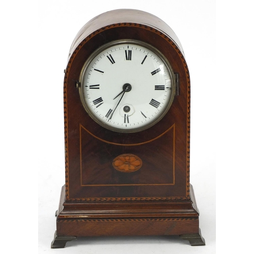 106 - Edwardian inlaid mahogany dome topped mantel clock, with enamelled dial and Roman numerals, 27cm hig... 