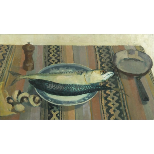 935 - Jill Levick - Still life mackerel on a table, oil on board, inscribed verso, mounted and framed, 59c... 