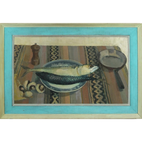 935 - Jill Levick - Still life mackerel on a table, oil on board, inscribed verso, mounted and framed, 59c... 