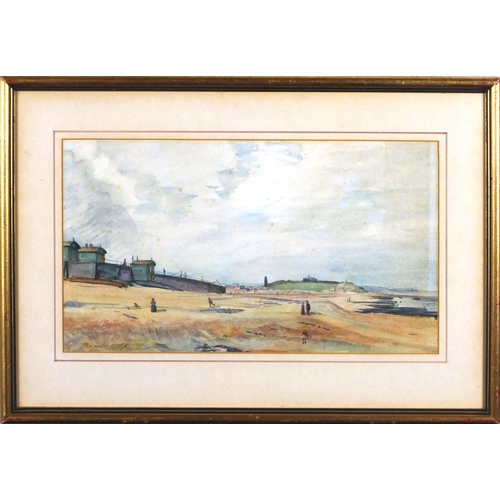 941 - Reginald Mills - Coastal scene, watercolour, inscribed verso, mounted and framed, 39cm x 21.5cm