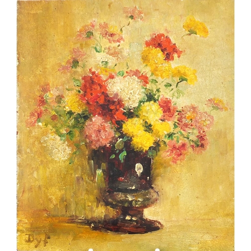 998 - Still life flowers in a vase, impressionist oil on board, bearing a signature Dyf, unframed, 20.5cm ... 
