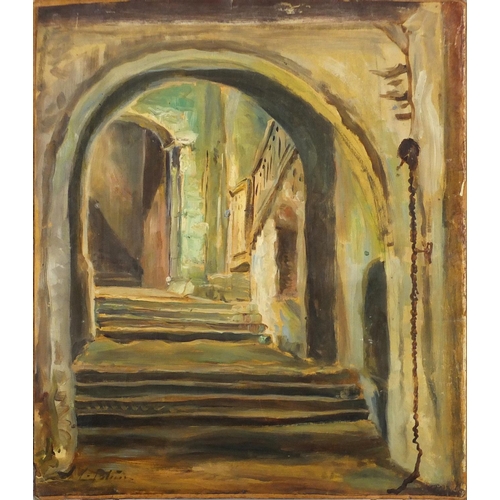 973 - City door, oil on paper laid on board, bearing an indistinct signature to the lower left, unframed, ... 