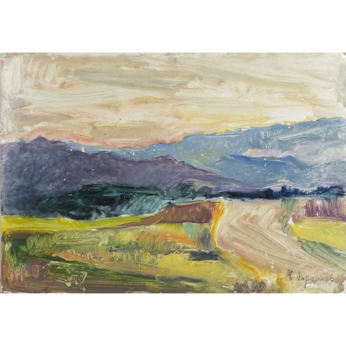 971 - Impressionist landscape, Russian school oil on board, bearing a signature possibly Napocoub, unframe... 