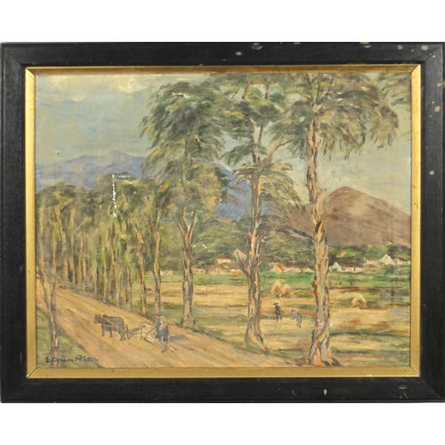 923 - Plantation, oil on canvas, bearing an indistinct signature possibly E Othon Friez, mounted and frame... 