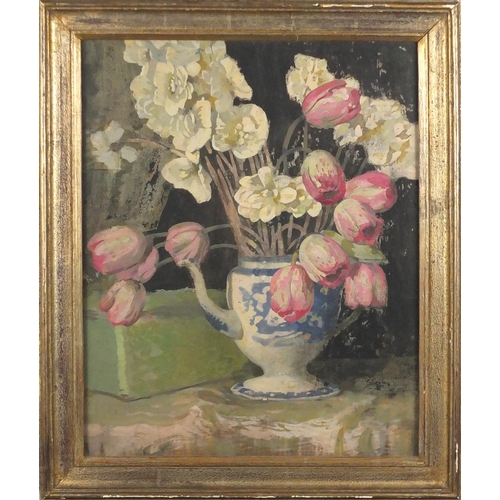 934 - George Sheringham - Flowers in a coffee, mixed media, Kensington Art Gallery label verso, framed, 50... 