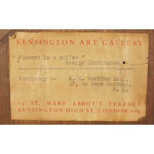 934 - George Sheringham - Flowers in a coffee, mixed media, Kensington Art Gallery label verso, framed, 50... 