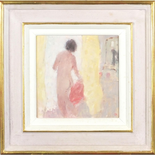 972 - Stephen Brown RBA - Nude yellow curtain, oil on board, label verso, mounted and framed, 16.5cm x 16.... 