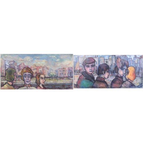 1014 - Figures in a street, pair of Irish school oil on boards, each bearing a signature Armstrong, framed,... 