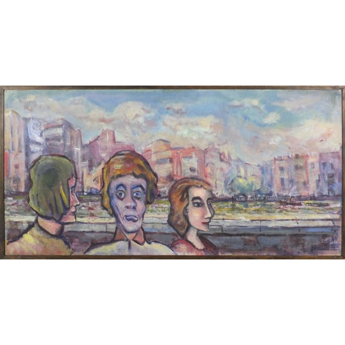 1014 - Figures in a street, pair of Irish school oil on boards, each bearing a signature Armstrong, framed,... 