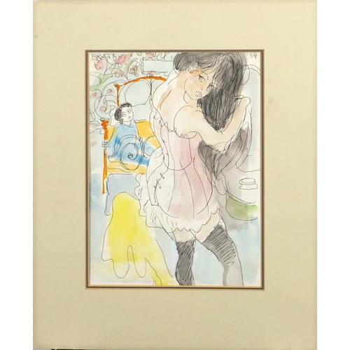 966 - Two figures in an interior, ink and watercolour on card, bearing a signature Bratby, mounted unframe... 
