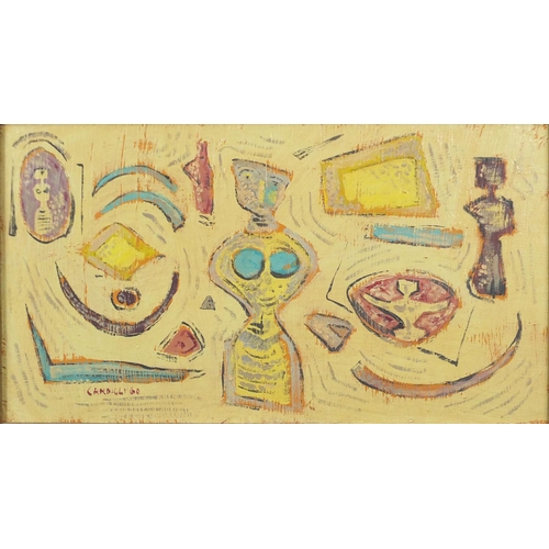 980 - Abstract composition, surreal figures and items, oil on canvas, bearing a signature Campigli, mounte... 