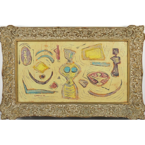 980 - Abstract composition, surreal figures and items, oil on canvas, bearing a signature Campigli, mounte... 