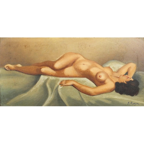 869 - Reclining nude female, French school oil on canvas, bearing a signature B Royer, mounted and framed,... 