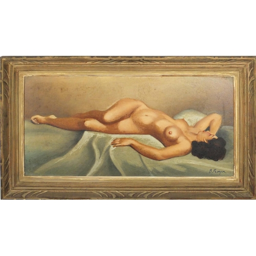 869 - Reclining nude female, French school oil on canvas, bearing a signature B Royer, mounted and framed,... 