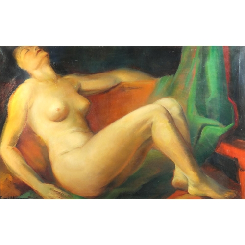 999 - Rodolphe Caillaux - Nude female in an interior, oil on canvas, mounted and framed, 98cm x 61.5cm