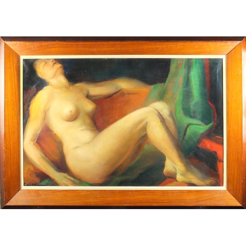 999 - Rodolphe Caillaux - Nude female in an interior, oil on canvas, mounted and framed, 98cm x 61.5cm