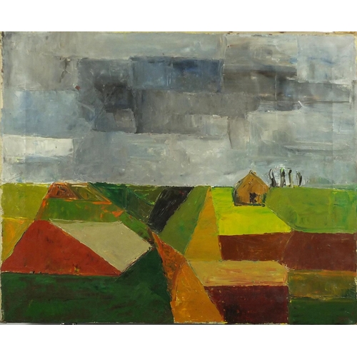 929 - After Wim Oepts - Abstract composition, landscape, oil on canvas, inscribed verso, unframed, 60cm x ... 