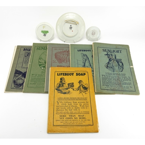 225 - Six fragments from France booklets by Bruce Bairnsfarther, together with two Grimwades's porcelain d... 