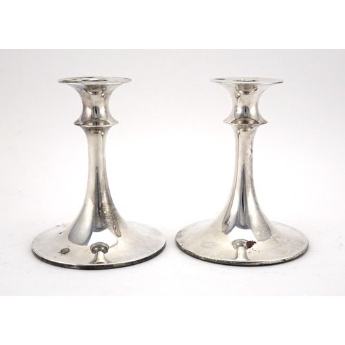 592 - Pair of Norwegian silver circular based candlesticks of tapering form by David Andersen, 15cm high, ... 