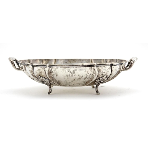 591 - Norwegian oval silver four footed bowl with twin handles by David Andersen, impressed numbers 7119 t... 