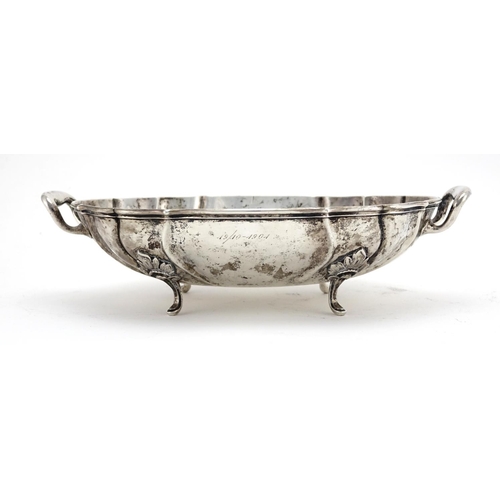 591 - Norwegian oval silver four footed bowl with twin handles by David Andersen, impressed numbers 7119 t... 