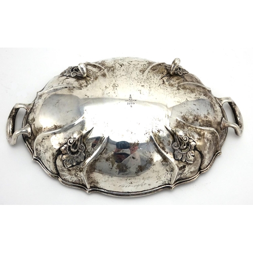 591 - Norwegian oval silver four footed bowl with twin handles by David Andersen, impressed numbers 7119 t... 