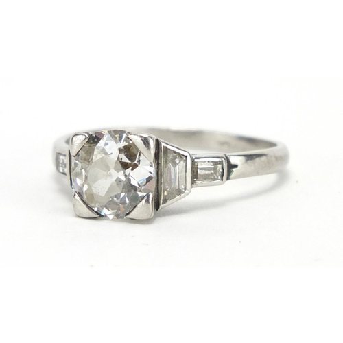 670 - Platinum diamond solitaire ring, with diamond set shoulders, size N, approximate weight 3.3g