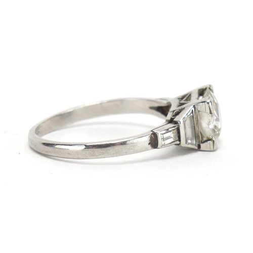 670 - Platinum diamond solitaire ring, with diamond set shoulders, size N, approximate weight 3.3g