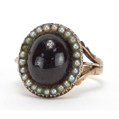 678 - Victorian 15ct gold cabochon garnet and seed pearl ring, size M, approximate weight 6.6g