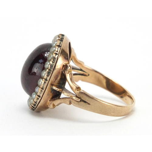 678 - Victorian 15ct gold cabochon garnet and seed pearl ring, size M, approximate weight 6.6g
