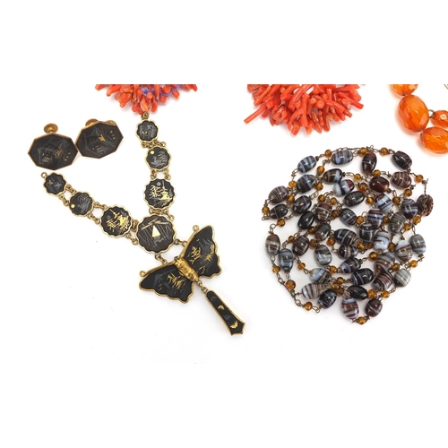 801 - Antique and later jewellery including agate and coral necklaces, cameo brooch and  Komai Damascene  ... 