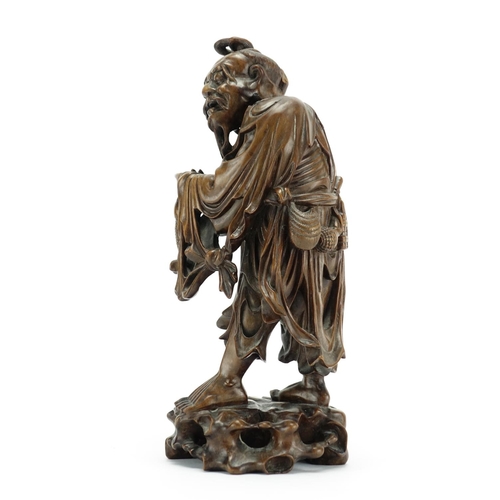 380 - Good Chinese root carving of a fisherman, 32cm high