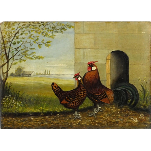 2164 - Chicken and cockerel before a landscape, early 20th century oil on board, bearing a monogram AGJ, un... 