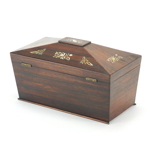 2111 - Victorian rosewood sarcophagus shape tea caddy with Mother of Pearl inlay and fitted interior, 18.5c... 