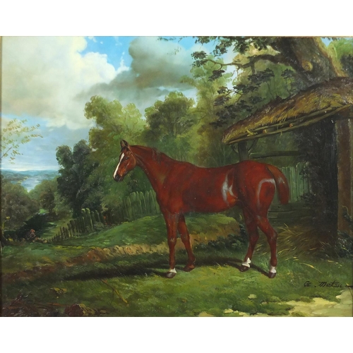 2130 - G Metsu - Horse before a landscape, oil on panel, mounted and framed, 48.5cm x 39cm