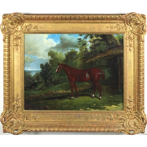 2130 - G Metsu - Horse before a landscape, oil on panel, mounted and framed, 48.5cm x 39cm