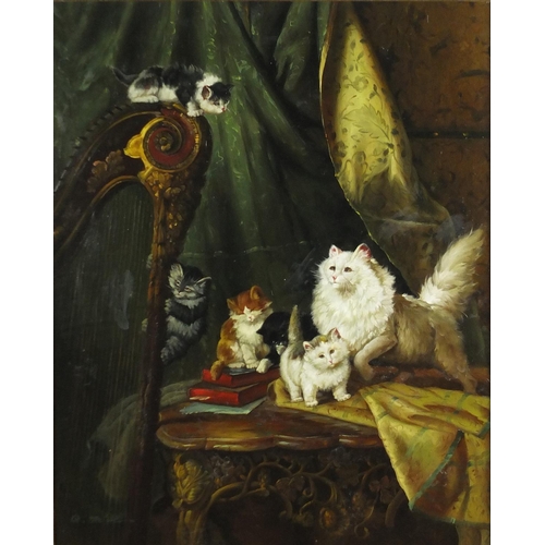 2064 - G Metsu - Cats and kittens by a harp, oil on panel, mounted and framed, 49.5cm x 39cm
