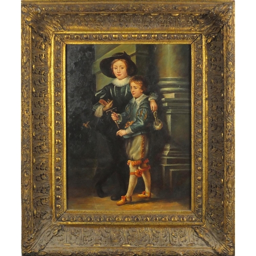 2234 - Figures in 16th century dress, oil on panel, label verso, mounted and framed, 39cm x 29cm
