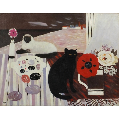 2169 - After Mary Fedden - Cats and still life, oil on canvas laid on board, framed, 52cm x 40.5cm