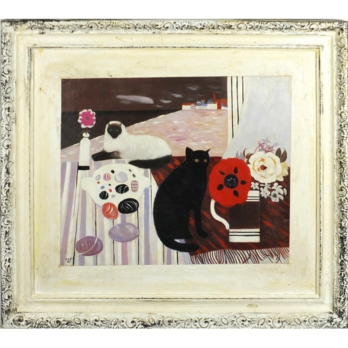 2169 - After Mary Fedden - Cats and still life, oil on canvas laid on board, framed, 52cm x 40.5cm