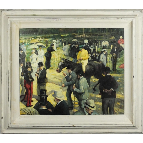 2230 - Horse racing scene, French school oil on board, bearing a signature, R Le Rossett, framed, 60.5cm x ... 