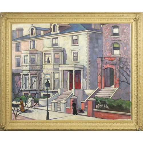 2132 - Lilac street scene, oil on canvas board, bearing a signature Bevon, framed, 63.5cm x 50.5cm