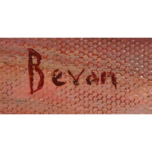 2132 - Lilac street scene, oil on canvas board, bearing a signature Bevon, framed, 63.5cm x 50.5cm