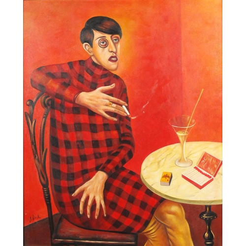 2233 - Man smoking in an interior, German expressionist school oil on board, bearing a signature Dix, frame... 