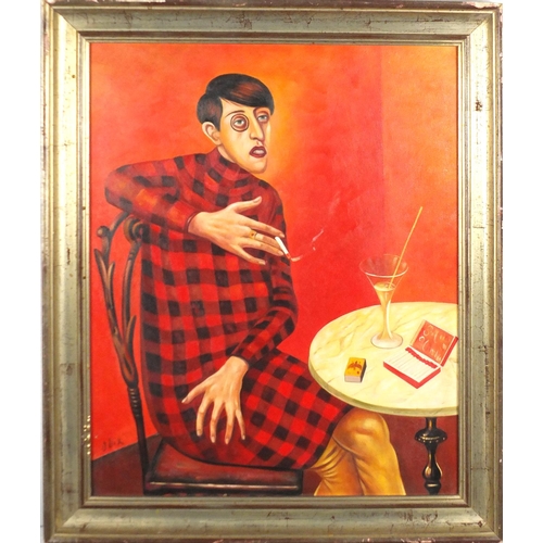 2233 - Man smoking in an interior, German expressionist school oil on board, bearing a signature Dix, frame... 