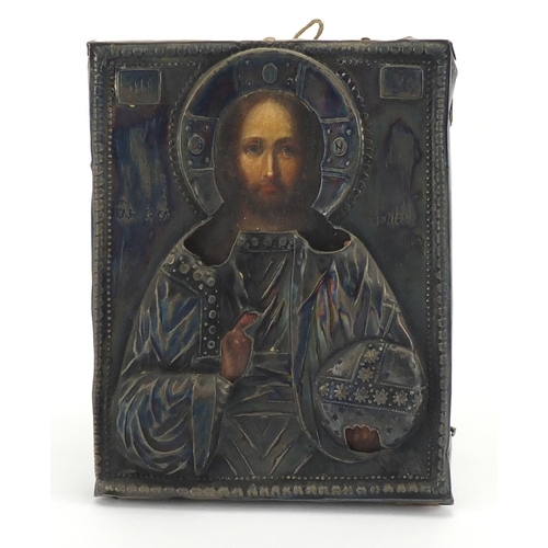 1 - 19th century Russian icon with silver overlay, finely hand painted with a priest, impressed marks IB... 