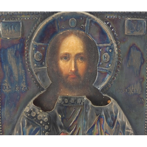 1 - 19th century Russian icon with silver overlay, finely hand painted with a priest, impressed marks IB... 