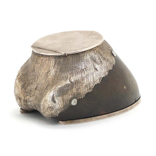 221 - British Military World War I horse hoof inkwell with silver coloured metal mounts by Rowland Ward of... 