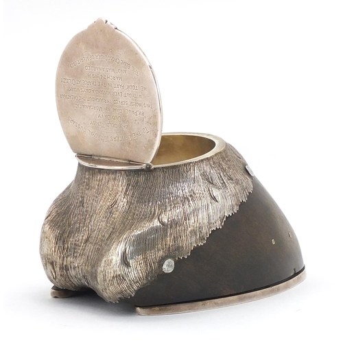 221 - British Military World War I horse hoof inkwell with silver coloured metal mounts by Rowland Ward of... 