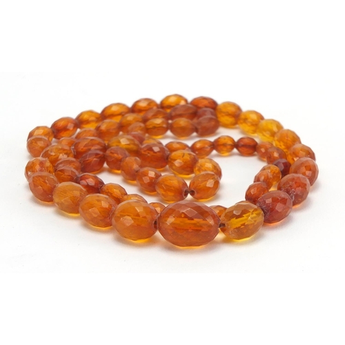 817 - Amber coloured fasciated graduated bead necklace, 86cm in length,  approximate weight 50.6g